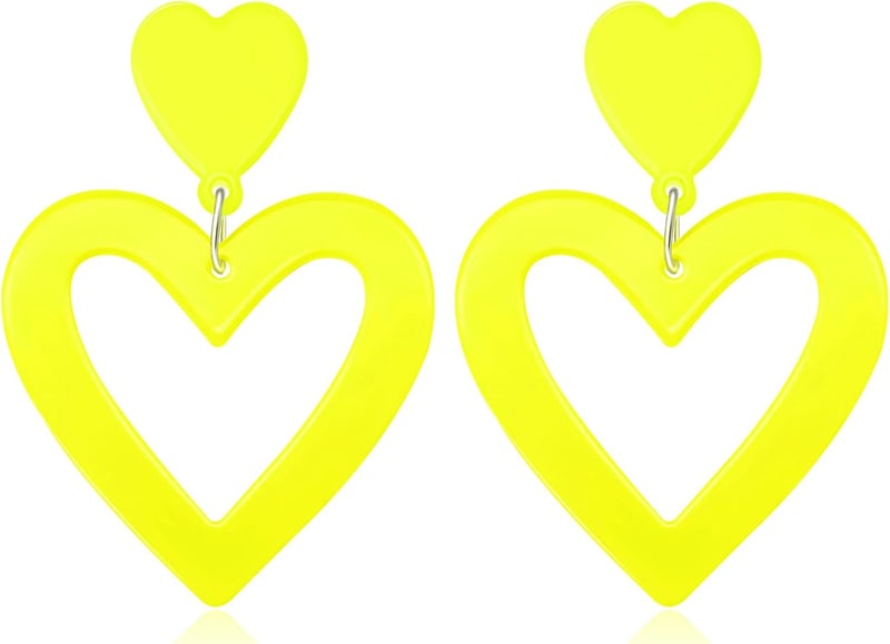 HOLYRY Neon Heart Earrings for Women Acrylic Neon Earrings 80s 90s Outfit for Women Glow Party Accessories Gifts Hot Pink Orange Green Yellow - Image 1